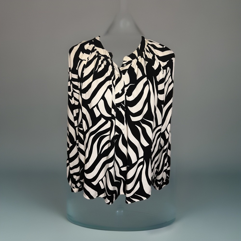 H&M Gathered Round Neck Balloon Sleeve Zebra Print Lagenlook HiLo Blouse XL